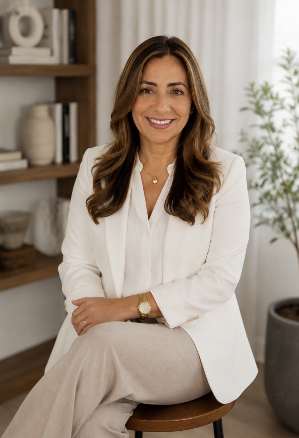 Elisa Maldonado, REALTOR®, seated in a white blazer